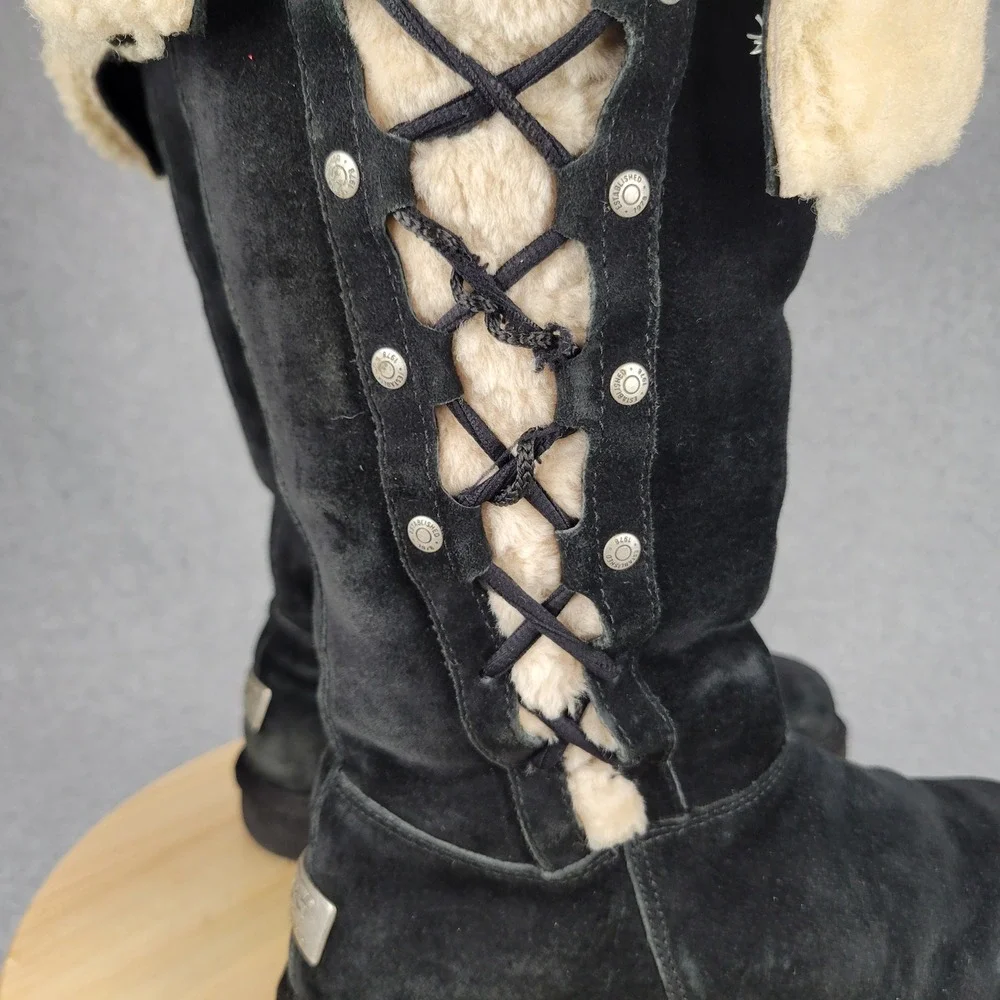Ugg Upside 5163 Tall Lace Up Boot Women 9 Black Suede Shearling Lining